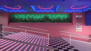 3D Graphics CGi Digital Art Render Stairs Mall Neon Lights Tiles 1920x1080 Wallpaper