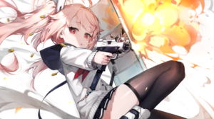 Blue Archive Yutori Natsu Weapon Pink Hair Anime Girls White Background Sailor Uniform Gun Schoolgir 3000x1688 Wallpaper