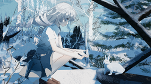 Anime Anime Girls Artwork White Hair Rabbits Winter Skirt Snow Trees Animals Long Hair Blue Eyes Bra 3840x2160 Wallpaper