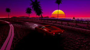 Synthwave Car Sunset Sun Palm Trees Video Game Art Vehicle Lamborghini Red Cars Video Games 1920x906 Wallpaper