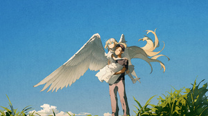 Clear Sky Anime Girls Anime Boys Angel Wings Blue Eyes Blonde Grass Sky Looking Away 1433x1013 Wallpaper