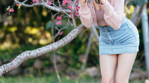 Asian Model Women Dark Hair Short Hair Fur Hat Jeans Skirt White Sneakers Grass Trees Depth Of Field 2560x3840 Wallpaper