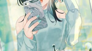 Achiki Anime Girls Original Characters Blue Eyes Phone Selfies 995x1400 Wallpaper