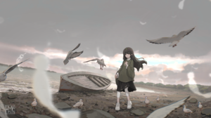 Yun Xi Digital Art Anime Girls Standing Pointy Ears Birds Animals Boat Water Clouds Sky Rocks Beach  5225x2939 Wallpaper
