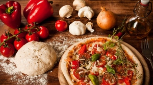 Pizza Food Vegetables Onion Flour Tomatoes Wooden Surface 3840x2160 Wallpaper