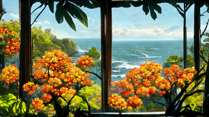 Landscape Forest Flowers Trees Sea Lake Window House Cottage Bushes Render Water 2048x1152 Wallpaper
