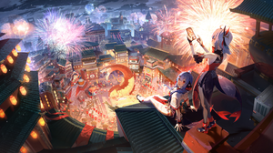 Bilibili Anime Girls Anime Fireworks Fish Festivals Chinese Architecture 3324x1500 Wallpaper