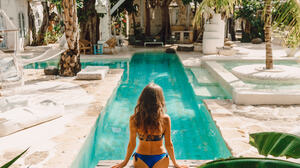 Bali Women Outdoors Women Outdoors Sitting Model Brunette Blue Bikini Rear View Swimming Pool Palm T 1536x2048 Wallpaper
