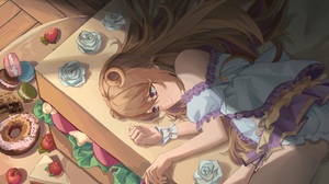 Anime Anime Girls Food Sandwich Donut Macaron Lying On Side Brunette Brown Eyes Flowers 6500x4000 Wallpaper