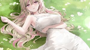 Anime Anime Girls Grass Flowers Blonde Dress White Dress Purple Eyes Lying On Back Two Tone Hair 4096x3418 Wallpaper