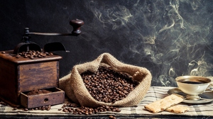 Photography Coffee Smoke Beans Still Life Cup Drink Cloth Wood 1920x1080 Wallpaper