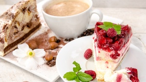 Cake Coffee Cup Dessert Pastry Raspberry 3000x1875 Wallpaper
