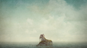 Sea Alone House Island White Text Simple Background Minimalism 1440x1440 Wallpaper
