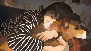 Anime Girls Brunette Brown Eyes Dog Corgi Striped Clothing Glasses Looking At Viewer Women Indoors H 3840x2160 Wallpaper