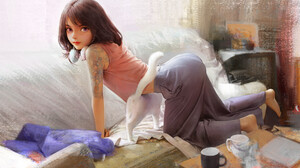 MuSi Drawing Women Brunette Looking At Viewer Purple Eyes Tank Top Tattoo Pants Cup Couch Cats 1793x1195 Wallpaper