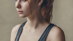 Women Looking Away Blonde Long Hair Ponytail Tank Top Irina Popova Portrait Display Grey Tops Gray E 1280x1920 Wallpaper