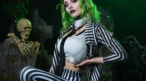 Women Model Halloween Cosplay Beetlejuice Striped Clothing Tie Crop Top Skeleton Skull Studio 2333x3500 Wallpaper