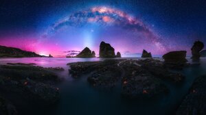 Nature Landscape Sea Coast Rock Night Sky Stars Milky Way Reflection 3840x2160 wallpaper
