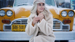 Taxi Sergei Churnosov Numbers Blonde Model Women Women Outdoors Urban Car Yellow Cars Vehicle Happy  2560x1708 Wallpaper