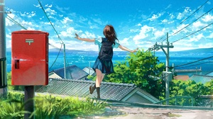 Anime Anime Girls Schoolgirl School Uniform Clouds Water Sky Village Wires Grass 6741x2213 Wallpaper
