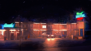 CGi Digital Art Motel Night Neon Lights Shader Stars Reflection Muscle Cars Pickup Trucks Gas Statio 3840x2160 Wallpaper