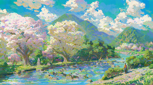 Digital Art Fantasy Art Trees River Clouds Pastel Artwork 2965x1536 Wallpaper