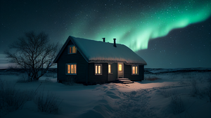 Auroa Ai Art Snow House Sky Starry Night Night Aurorae 2688x1536 wallpaper