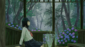 Pixiv Artwork Anime Girls Flowers Schoolgirl School Uniform Looking Away Rain Sitting Trees Umbrella 2047x1447 wallpaper