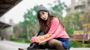 Asian Model Women Long Hair Dark Hair Depth Of Field Legs Crossed Pink Pullover Black Boots Wool Cap 3840x2560 Wallpaper
