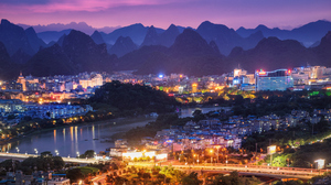 Cityscape 4K Building Water Night Lights Mountains Hills Bridge River Guilin China City 3840x2160 Wallpaper