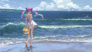 Anime Girls Dress Wind Waves Beach Barefoot Sun Dress Twintails Violet Hair Gawain Minato Aqua Holol 2400x1557 Wallpaper