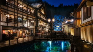Trey Ratcliff Photography Japan Night Bridge Ginzan Onsen 7680x4320 Wallpaper