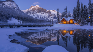 Mountains Snow Water Clear Sky House Lights Trees Reflection Emerald Lake Yoho National Park Canada  2000x1333 Wallpaper
