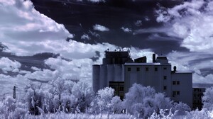 Infrared Building Nature Trees Clouds 6326x2162 wallpaper