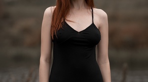 Women Model Redhead Looking At Viewer Portrait Display Parted Lips Dress Black Dress Depth Of Field  1525x2100 Wallpaper