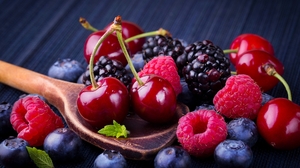 Colorful Photography Fruit Food Still Life Wooden Spoon Blueberries Cherries Blackberries Raspberrie 1920x1080 wallpaper