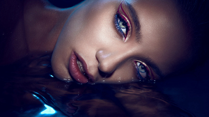 Evgenii Kirillov Women Brunette Makeup Eyeshadow Eyeliner Lipstick Water Wet Glamour Portrait Dark 3500x2334 wallpaper