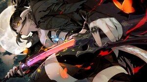 Anime Anime Girls Final Fantasy Au Ra Sword Rings Yellow Eyes Moon Clouds Sky Long Nails Butterflies 3840x2400 Wallpaper
