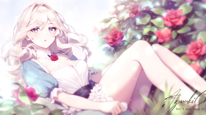 Anime Anime Girls Flowers Long Hair Looking At Viewer Blue Eyes Blonde Leaves Rose 3555x1778 Wallpaper