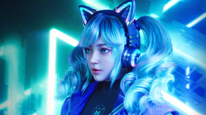 Huifeng Huang CGi Women Twintails Blue Hair Headphones Jacket Neon Long Hair Looking Away Digital Ar 1920x1075 Wallpaper