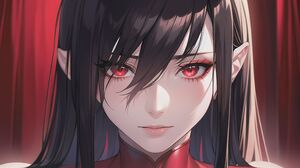 Red Eyes Anime Black Hair Red Background Dangerous Closeup Lipstick Armored Anime Girls Pointy Ears  3840x2144 wallpaper