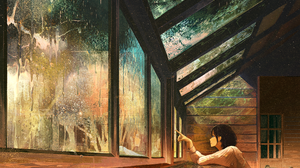Pixiv Anime Girls Rain Gemi Window Profile Looking Away Black Hair Sweater Sitting 2500x1765 Wallpaper