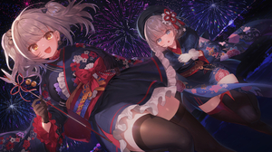 Anime Anime Girls Fireworks Kimono Gloves Flower In Hair Twintails 3500x1969 Wallpaper