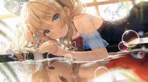 Anime Anime Girls Reflection Bubbles Lying On Front Blonde Blue Eyes Water Long Hair Bow Tie Looking 1600x1131 Wallpaper