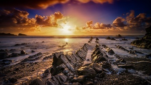 Nature Coast Sea Sunset Sky Clouds Rock Stones Waves 3840x2160 wallpaper