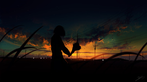 Artwork Landscape Pixiv Dusk Sunset Fantasy Girl Silhouette Bouquet 4096x2320 Wallpaper