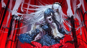 Anime Anime Girls Hands Blue Hair Long Hair Rings Black Nails Blonde Blue Eyes Crown Red Background  8729x3876 Wallpaper