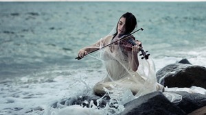 Violinist Ocean Horizon Instrument White Dress 1920x1200 Wallpaper
