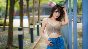 Asian Model Women Long Hair Dark Hair Jeans Short Tops Depth Of Field Trees Poles Fence 3840x2560 Wallpaper
