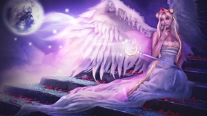 Angel Blonde Fantasy Moon Staff Stairs Wand White Wings Woman 1920x1200 Wallpaper
